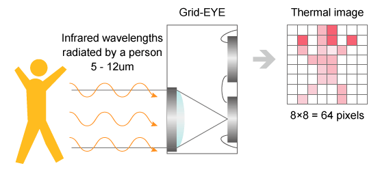 Infrared wavelengths radiated by a person image