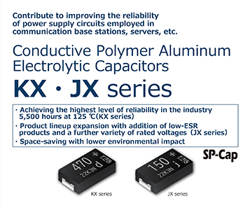 Contribute to improving the reliability of power supply circuits employed in communication base stations, servers, etc.　Conductive Polymer Aluminum Electrolytic capacitors  KX・JX series Click here for details.