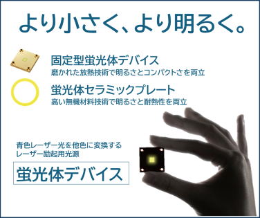より小さく、より明るく。青色レーザー光を多色に変換するレーザー励起用　蛍光体デバイス。 詳しくはこちら。